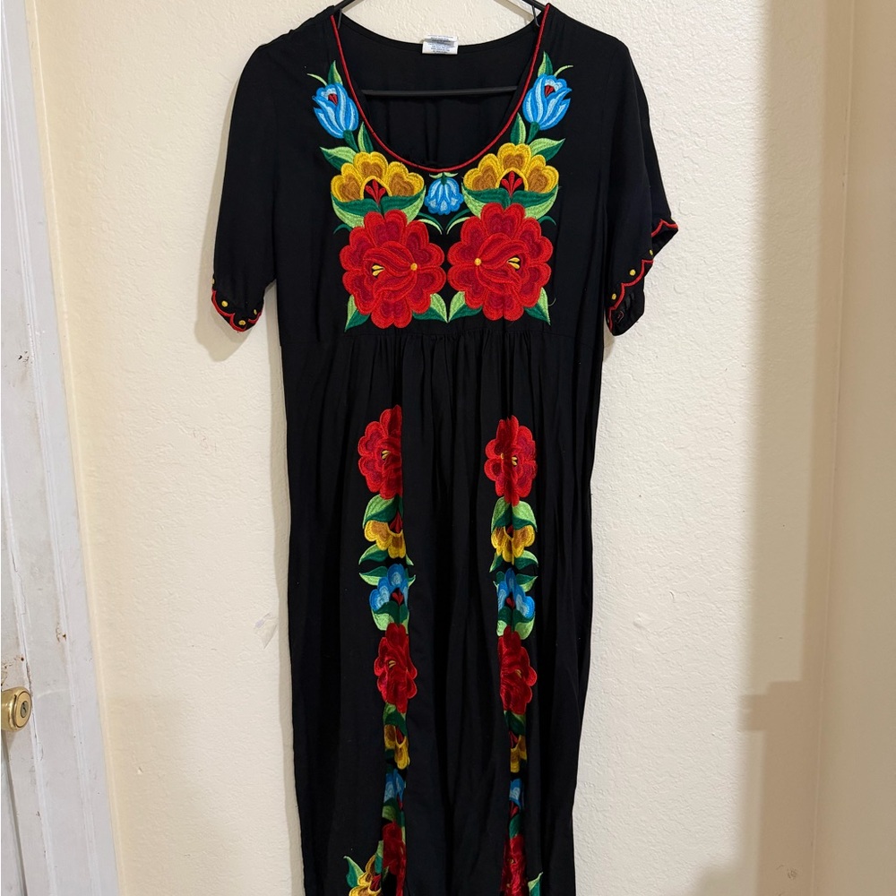 Embroidered Floral Black Dress